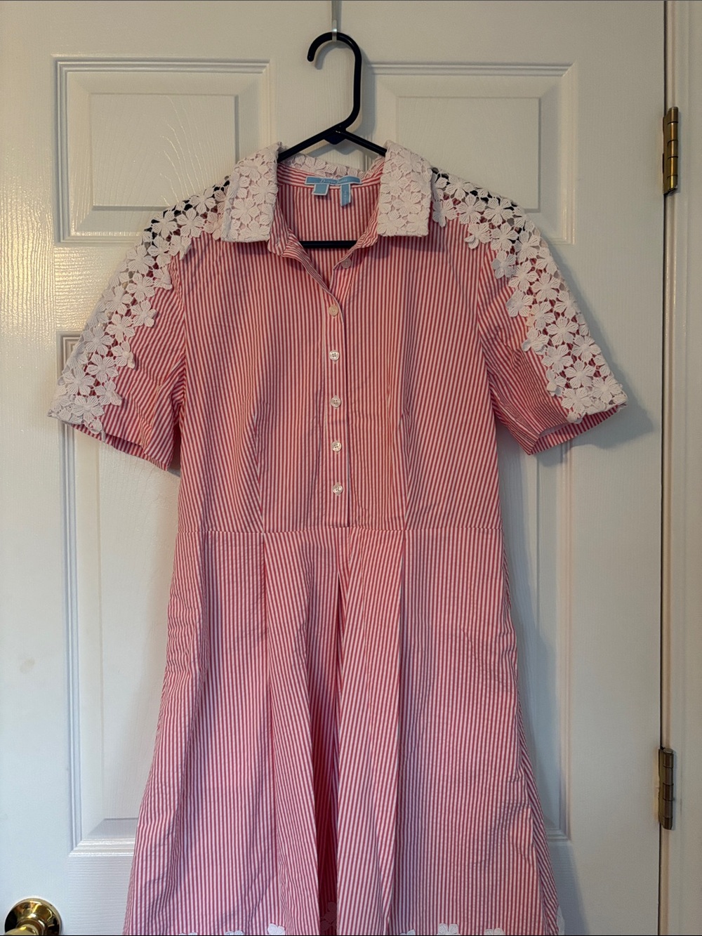 Draper James Pink and White Striped Lace-Trim Shirt Dress